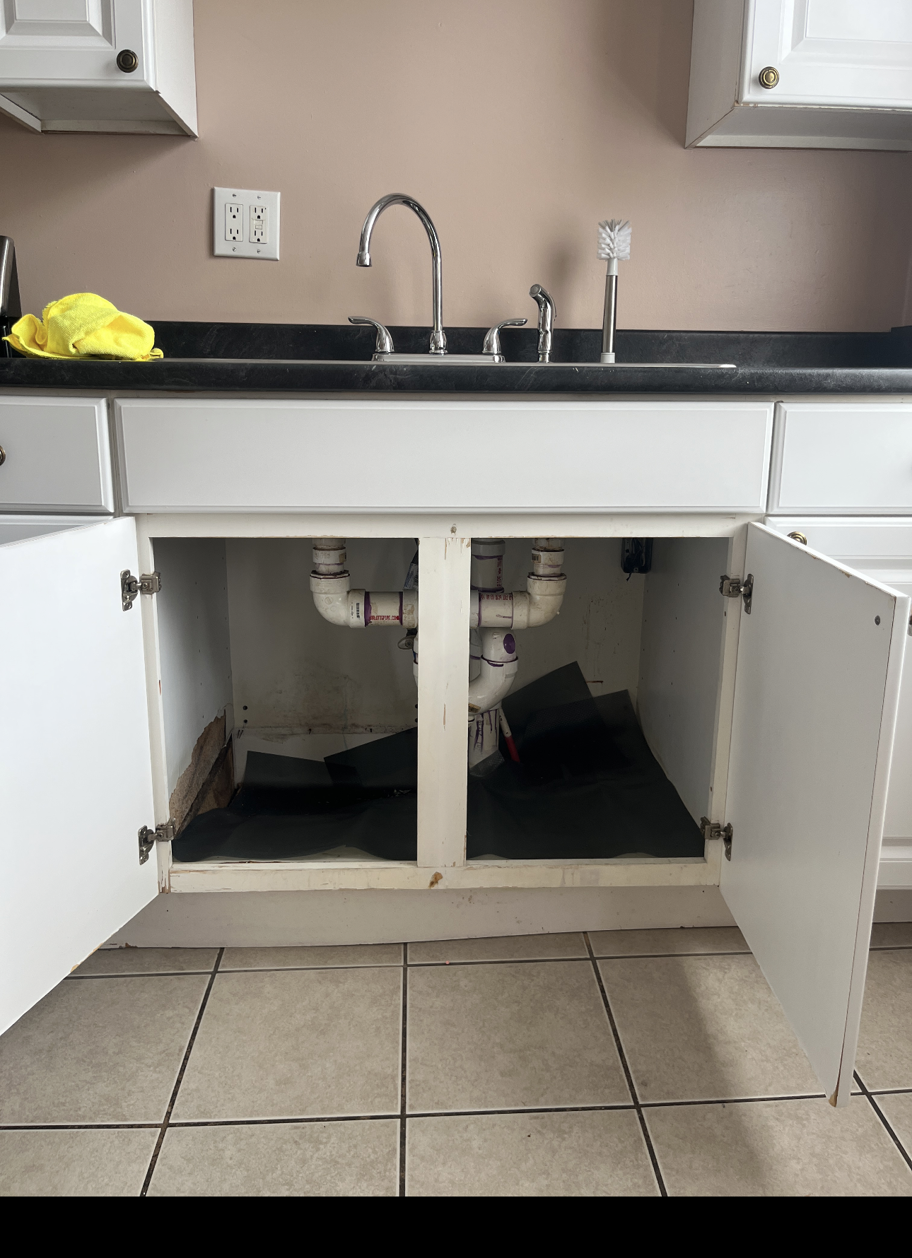 Full view of the kitchen sink cabinet before water-damage repair